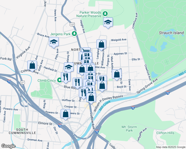 map of restaurants, bars, coffee shops, grocery stores, and more near 4135 Langland Street in Cincinnati