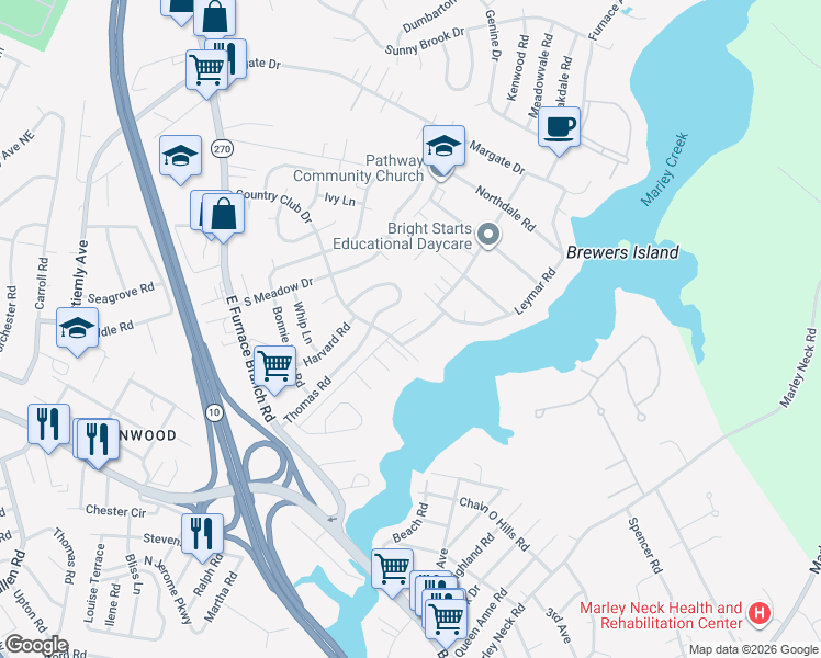 map of restaurants, bars, coffee shops, grocery stores, and more near 103 South Bend Road in Glen Burnie