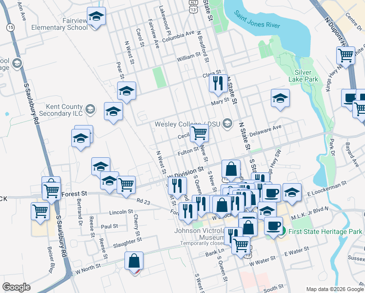 map of restaurants, bars, coffee shops, grocery stores, and more near 101 North Queen Street in Dover
