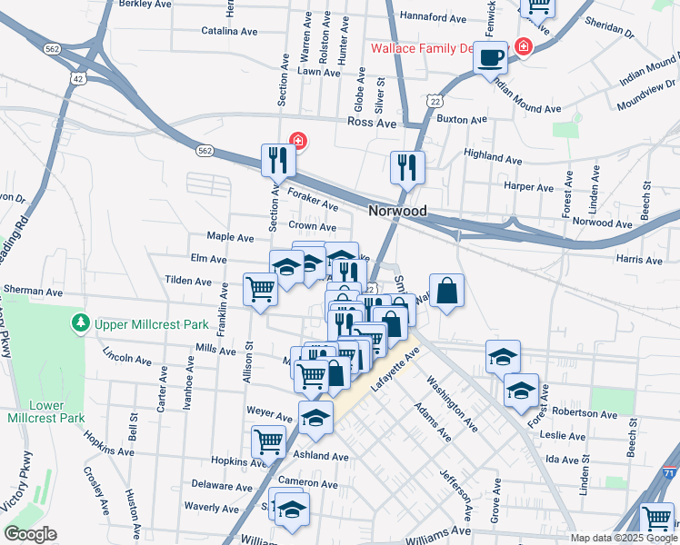 map of restaurants, bars, coffee shops, grocery stores, and more near 2061 Elm Avenue in Cincinnati