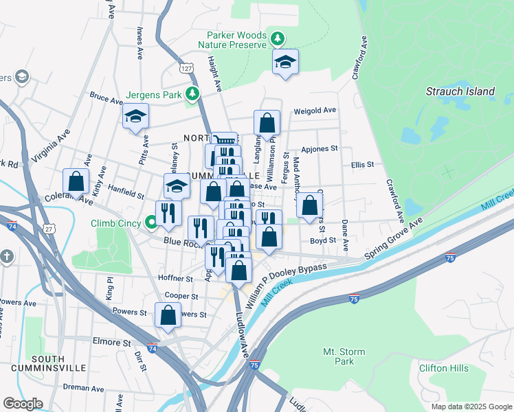 map of restaurants, bars, coffee shops, grocery stores, and more near 4135 Langland Street in Cincinnati