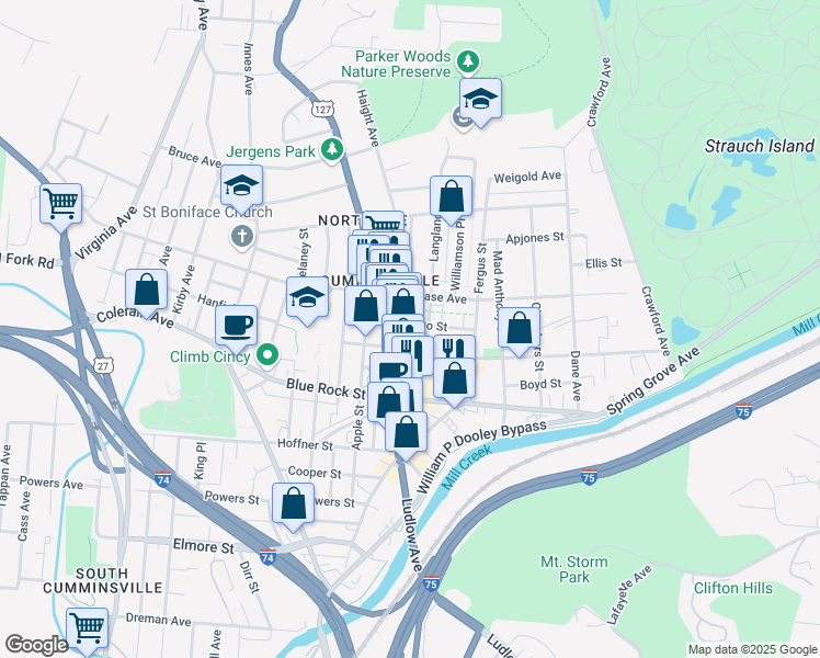 map of restaurants, bars, coffee shops, grocery stores, and more near 4135 Langland Street in Cincinnati