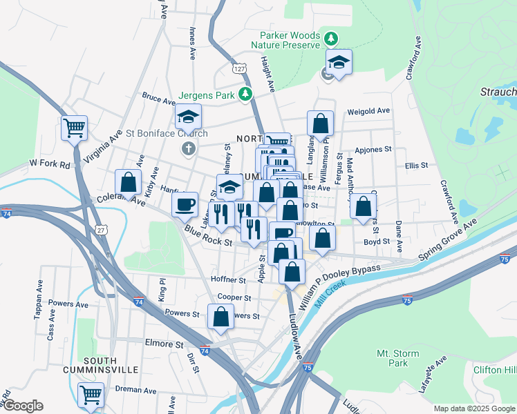 map of restaurants, bars, coffee shops, grocery stores, and more near 4145 Apple Street in Cincinnati