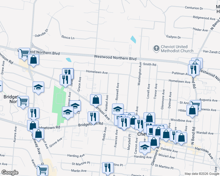 map of restaurants, bars, coffee shops, grocery stores, and more near 3961 Roswell Avenue in Cincinnati