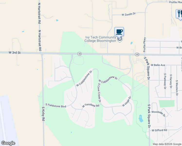map of restaurants, bars, coffee shops, grocery stores, and more near 5555 West Cobblestone Street in Bloomington