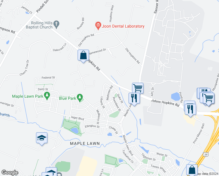 map of restaurants, bars, coffee shops, grocery stores, and more near 11301 Liberty Street in Fulton