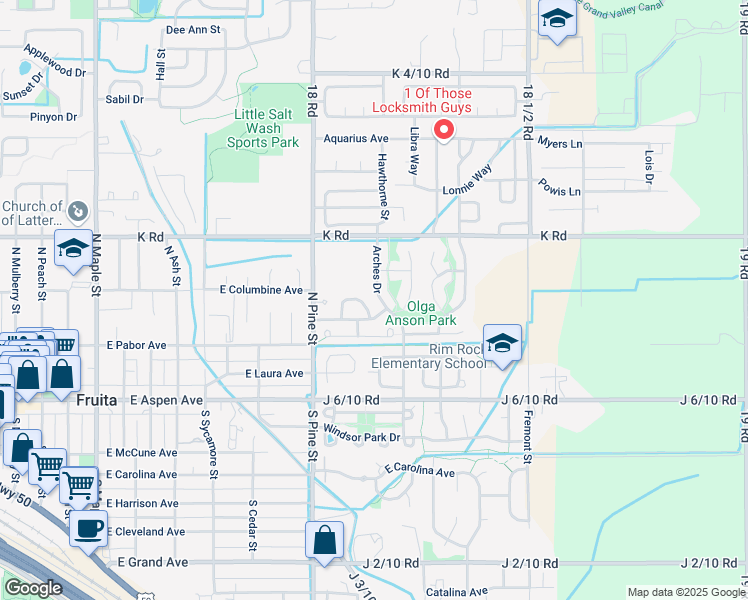 map of restaurants, bars, coffee shops, grocery stores, and more near 263 Arches Drive in Fruita