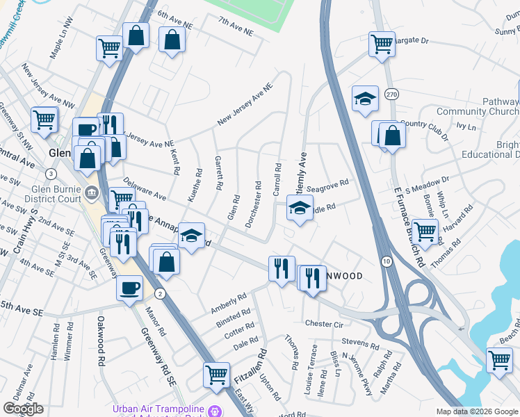 map of restaurants, bars, coffee shops, grocery stores, and more near 113 Dorchester Road in Glen Burnie