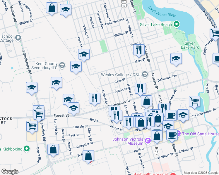 map of restaurants, bars, coffee shops, grocery stores, and more near 115 Kirkwood Street in Dover