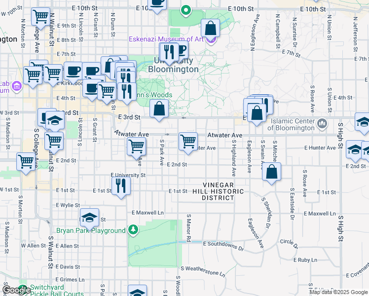 map of restaurants, bars, coffee shops, grocery stores, and more near 936 East Hunter Avenue in Bloomington