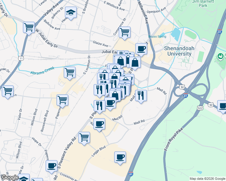 map of restaurants, bars, coffee shops, grocery stores, and more near 2045 South Pleasant Valley Road in Winchester