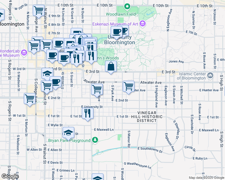 map of restaurants, bars, coffee shops, grocery stores, and more near E Hunter Ave & S Park Ave in Bloomington