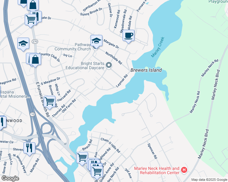 map of restaurants, bars, coffee shops, grocery stores, and more near 6 Leymar Road in Glen Burnie