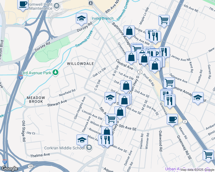 map of restaurants, bars, coffee shops, grocery stores, and more near 200 3rd Avenue Southwest in Glen Burnie
