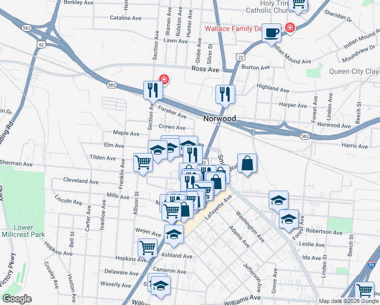 map of restaurants, bars, coffee shops, grocery stores, and more near 2061 Elm Avenue in Cincinnati
