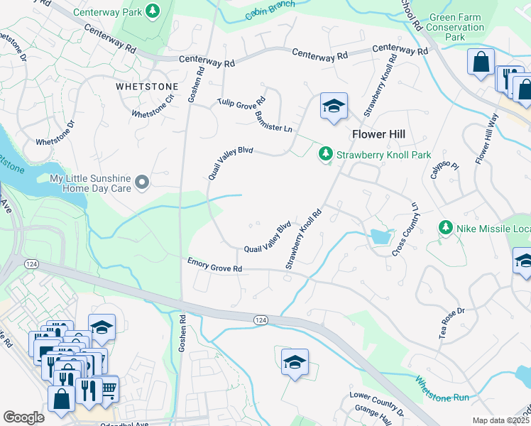 map of restaurants, bars, coffee shops, grocery stores, and more near 18624 Grosbeak Terrace in Gaithersburg