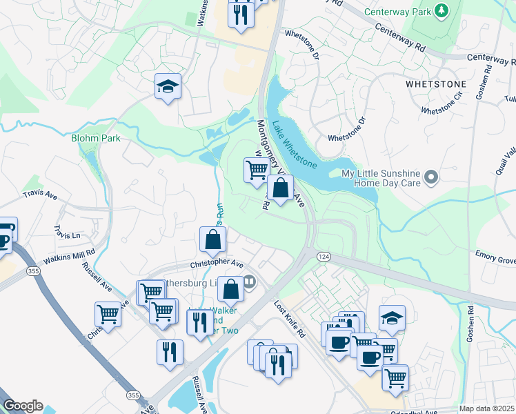 map of restaurants, bars, coffee shops, grocery stores, and more near 9802 Walker House Road in Montgomery Village