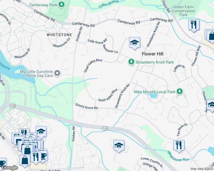 map of restaurants, bars, coffee shops, grocery stores, and more near 18624 Grosbeak Terrace in Gaithersburg