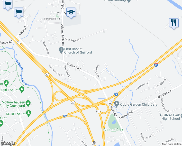map of restaurants, bars, coffee shops, grocery stores, and more near 9587 Guilford Road in Columbia
