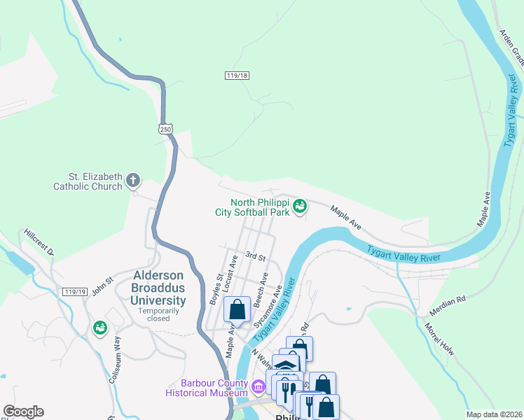 map of restaurants, bars, coffee shops, grocery stores, and more near 446 Locust Avenue in Philippi