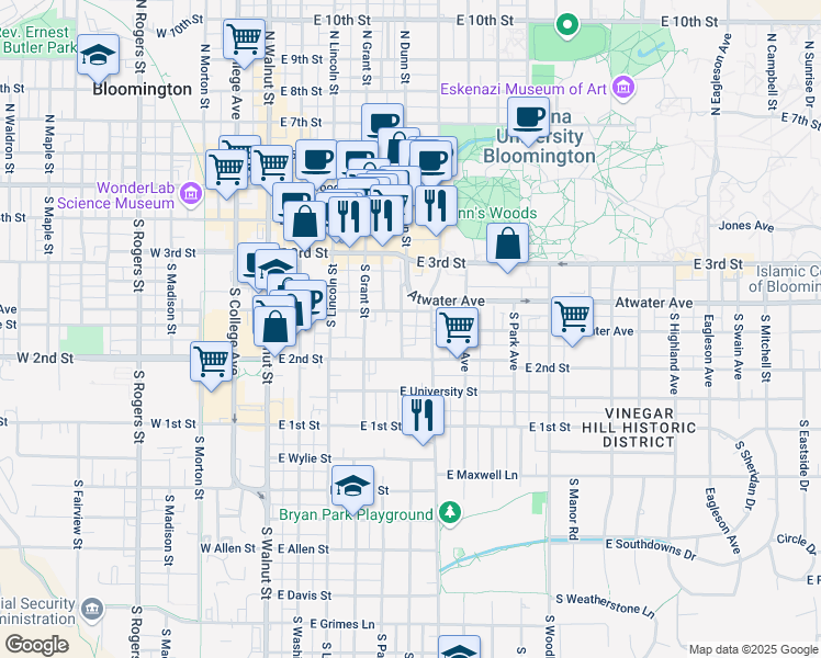 map of restaurants, bars, coffee shops, grocery stores, and more near 415 South Dunn Street in Bloomington