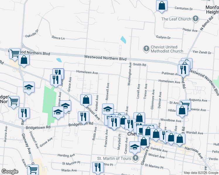map of restaurants, bars, coffee shops, grocery stores, and more near 3959 Carrie Avenue in Cincinnati