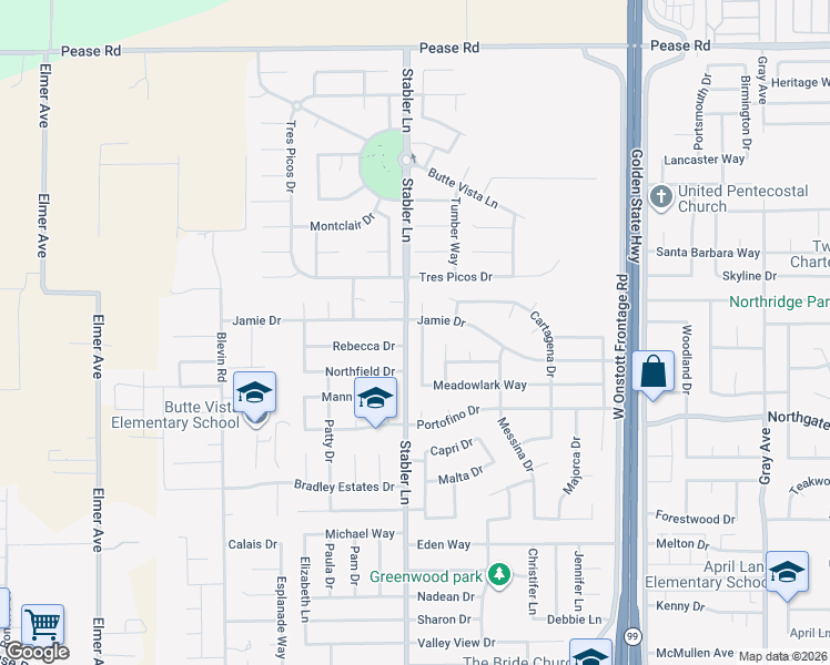 map of restaurants, bars, coffee shops, grocery stores, and more near 1603 Rebecca Drive in Yuba City