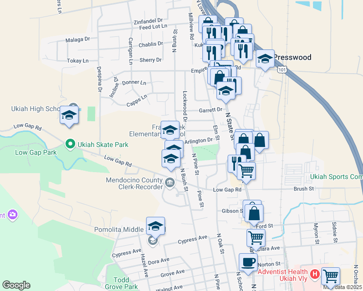map of restaurants, bars, coffee shops, grocery stores, and more near 333 Arlington Drive in Ukiah