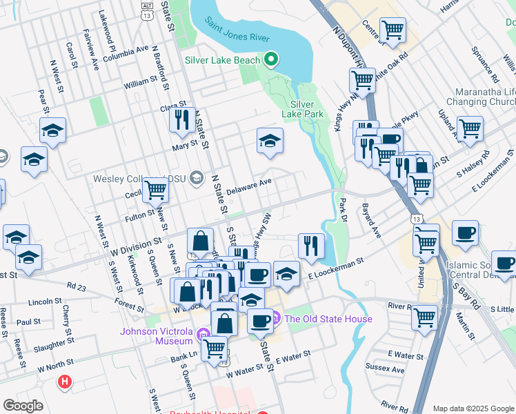 map of restaurants, bars, coffee shops, grocery stores, and more near 104 East Division Street in Dover