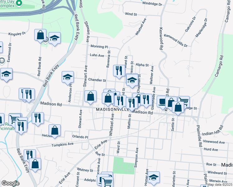 map of restaurants, bars, coffee shops, grocery stores, and more near 5109 Whetsel Avenue in Cincinnati