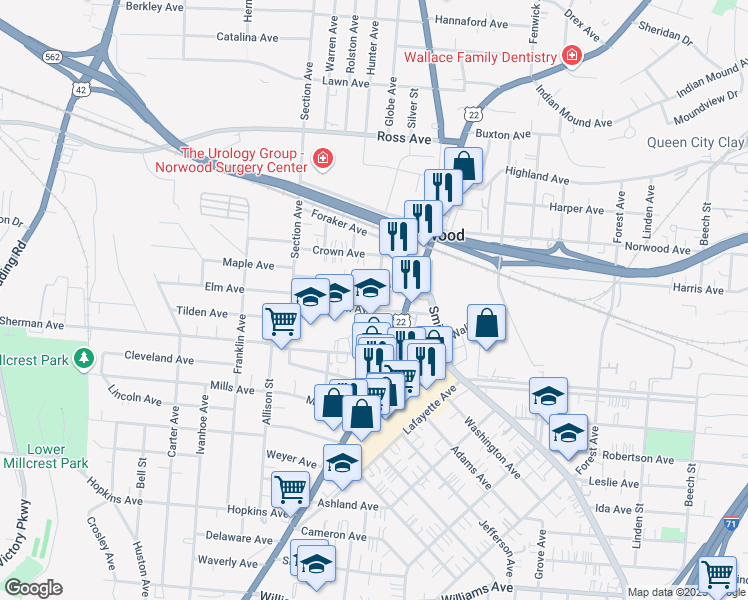 map of restaurants, bars, coffee shops, grocery stores, and more near 2061 Elm Avenue in Cincinnati