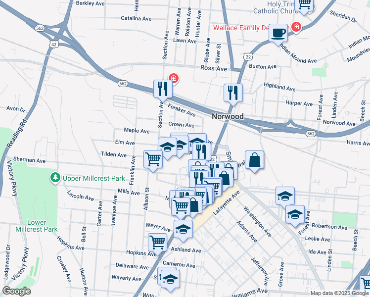 map of restaurants, bars, coffee shops, grocery stores, and more near 2061 Elm Avenue in Cincinnati