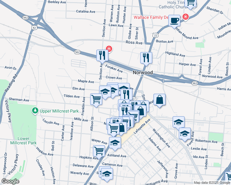 map of restaurants, bars, coffee shops, grocery stores, and more near 2061 Elm Avenue in Cincinnati