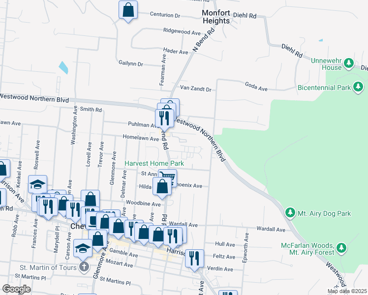 map of restaurants, bars, coffee shops, grocery stores, and more near 3325 Camvic Terrace in Cheviot
