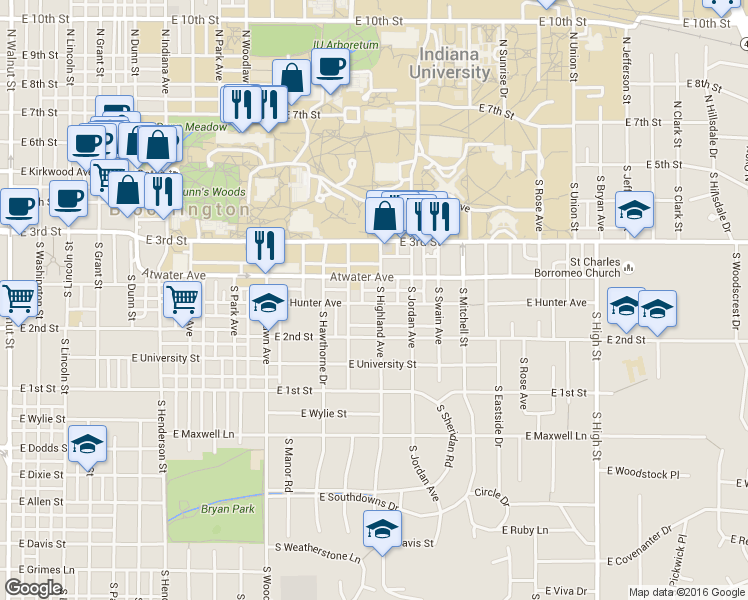 map of restaurants, bars, coffee shops, grocery stores, and more near 1216 East Hunter Avenue in Bloomington