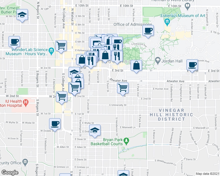 map of restaurants, bars, coffee shops, grocery stores, and more near 422 South Henderson Street in Bloomington