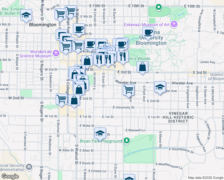 map of restaurants, bars, coffee shops, grocery stores, and more near 430 South Dunn Street in Bloomington