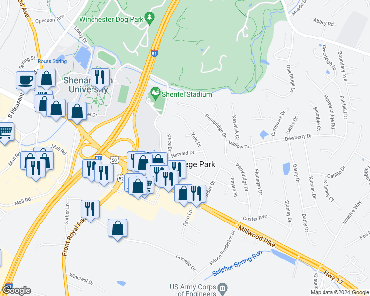map of restaurants, bars, coffee shops, grocery stores, and more near 107 Harvard Drive in Winchester