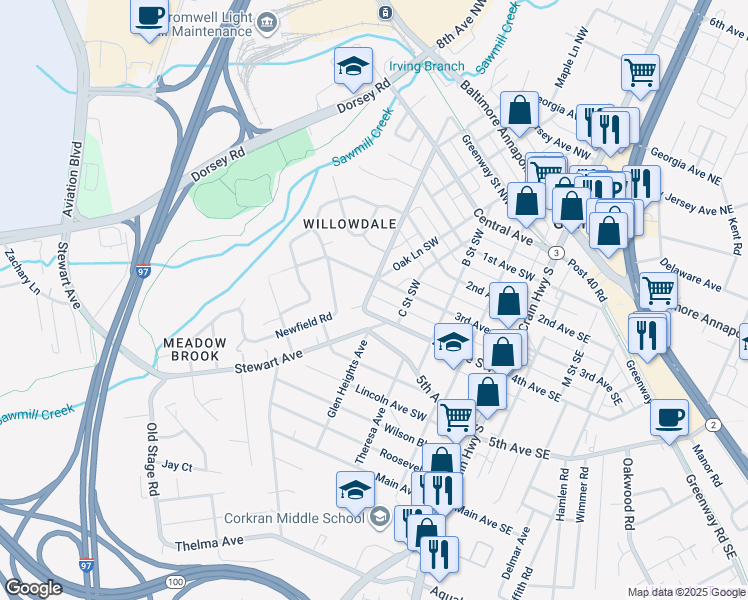 map of restaurants, bars, coffee shops, grocery stores, and more near 316 4th Avenue Southwest in Glen Burnie