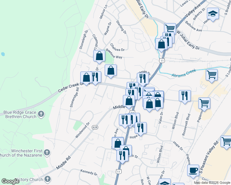 map of restaurants, bars, coffee shops, grocery stores, and more near 629 Cedar Creek Grade in Winchester