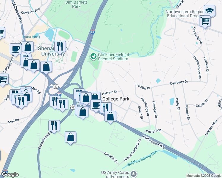 map of restaurants, bars, coffee shops, grocery stores, and more near 107 Harvard Drive in Winchester