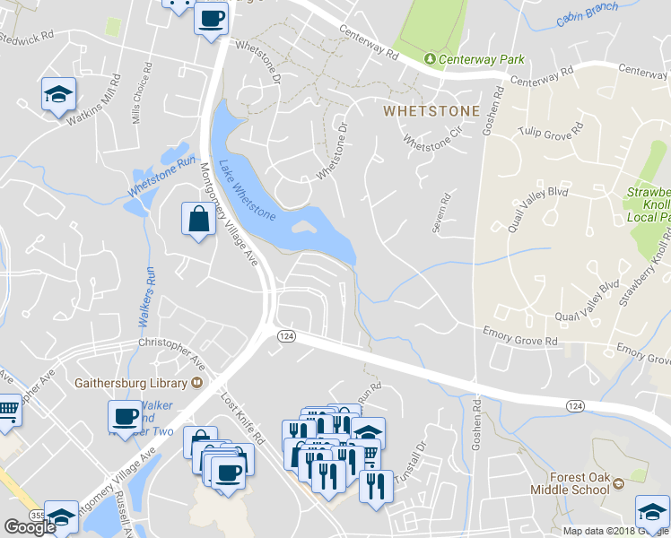 map of restaurants, bars, coffee shops, grocery stores, and more near 9813 Dockside Terrace in Montgomery Village