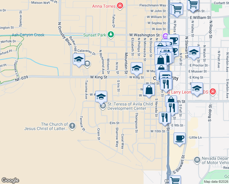 map of restaurants, bars, coffee shops, grocery stores, and more near 232 Mary Street in Carson City