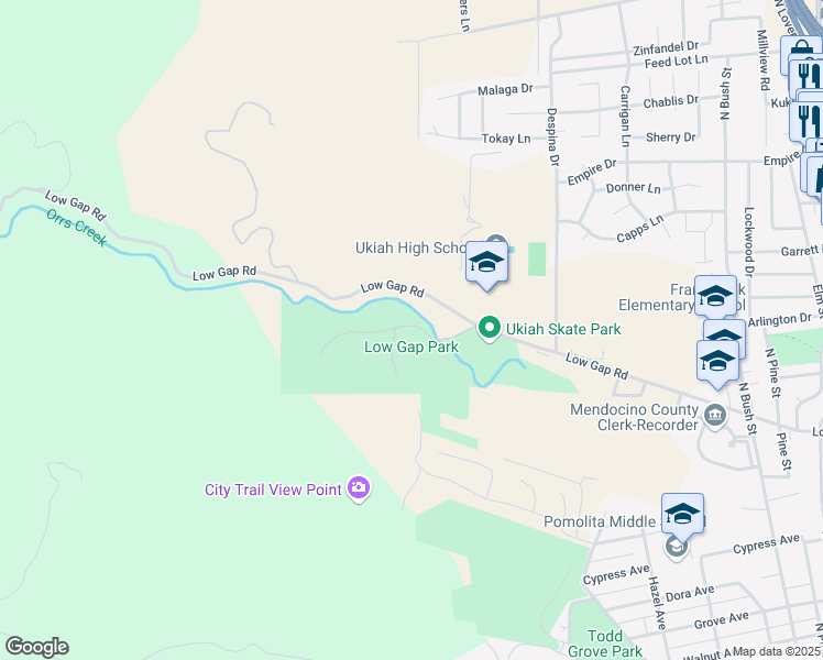 map of restaurants, bars, coffee shops, grocery stores, and more near 1100 Low Gap Rd in Ukiah
