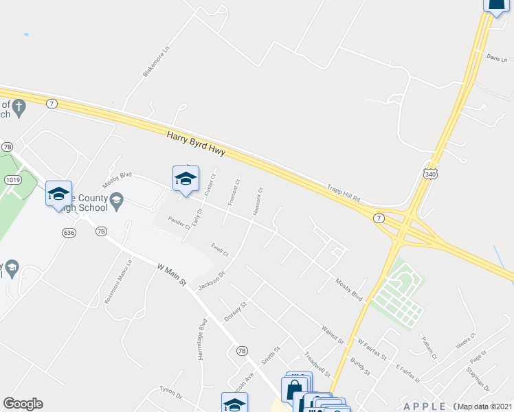 map of restaurants, bars, coffee shops, grocery stores, and more near Hancock Court in Berryville