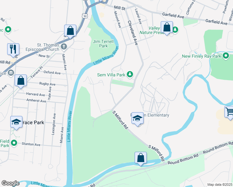 map of restaurants, bars, coffee shops, grocery stores, and more near 5371 South Milford Road in Milford