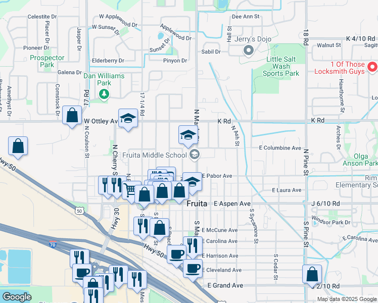 map of restaurants, bars, coffee shops, grocery stores, and more near 239 North Maple Street in Fruita