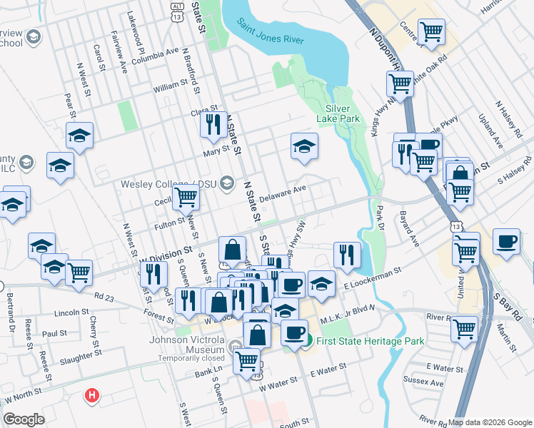 map of restaurants, bars, coffee shops, grocery stores, and more near 21 North State Street in Dover