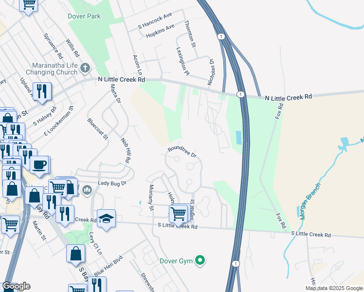 map of restaurants, bars, coffee shops, grocery stores, and more near 26 Roundtree Drive in Dover