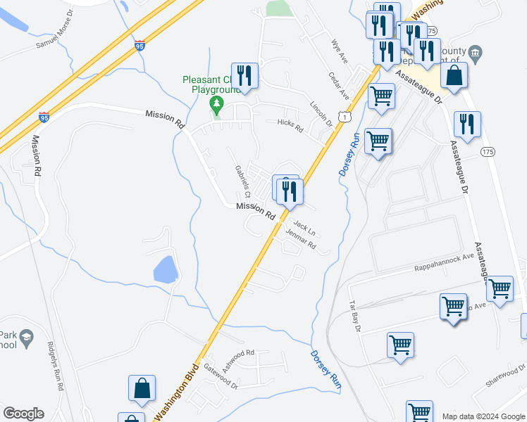 map of restaurants, bars, coffee shops, grocery stores, and more near 8153 Mission Road in Jessup